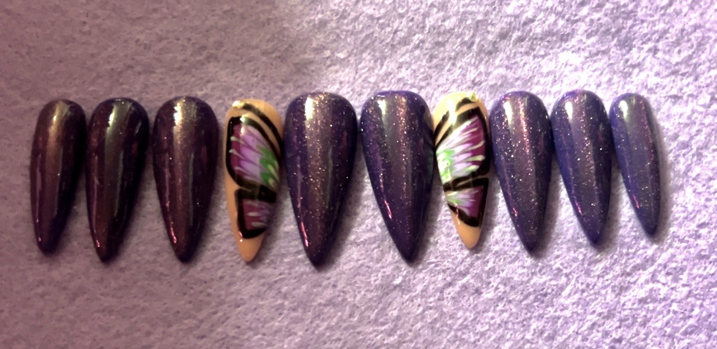 Purple Multicolor Glitter Butterfly Stiletto Long Full Cover Press-On Nails Set