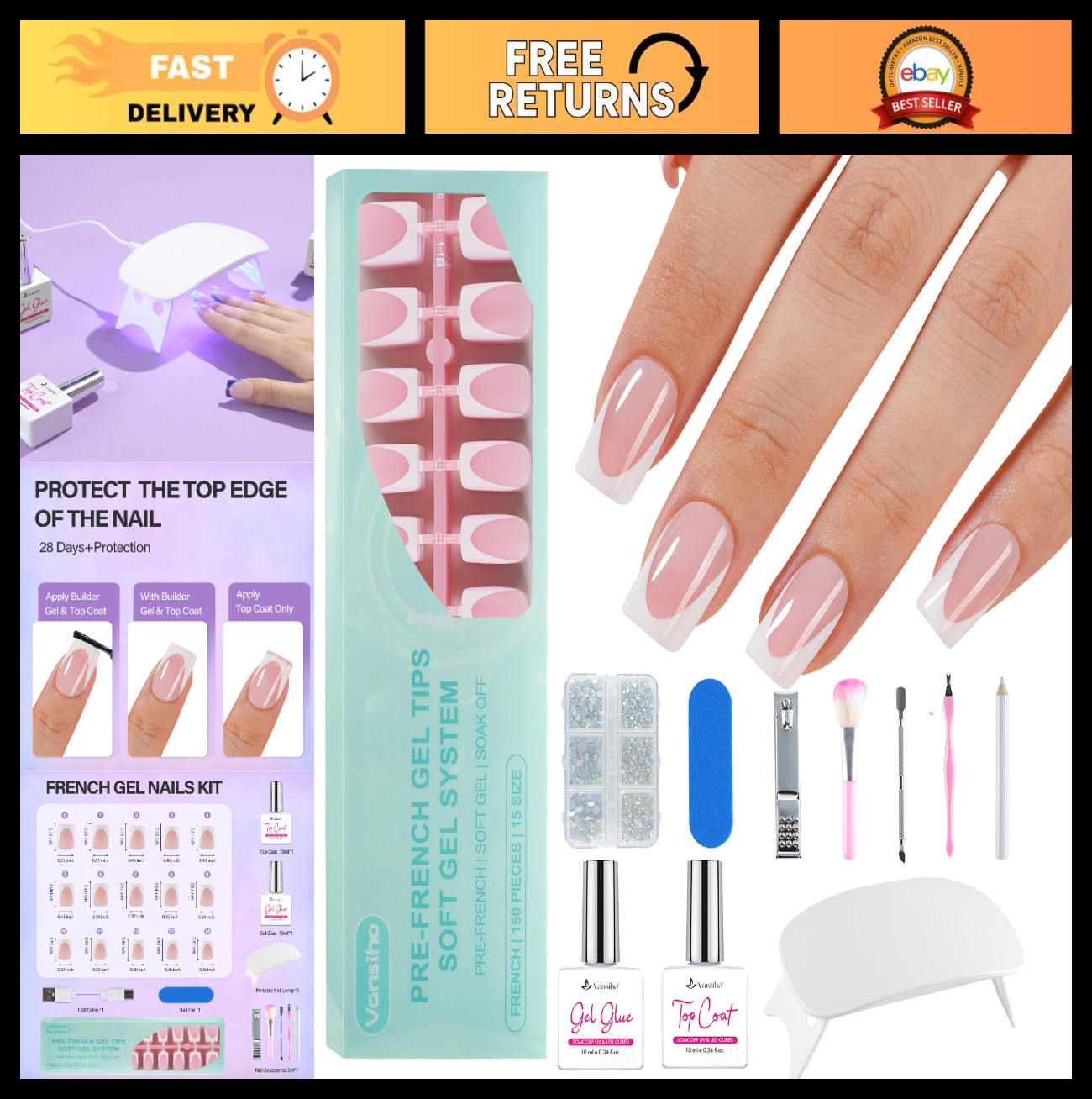 Pink Deep French Gel Nails Kit – Short Square Press-On Nails, Nail Gel & Lamp fo