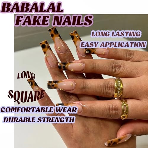 Square Press on Nails Long Fake Nails Brown French Tip Glue on bbfnH002