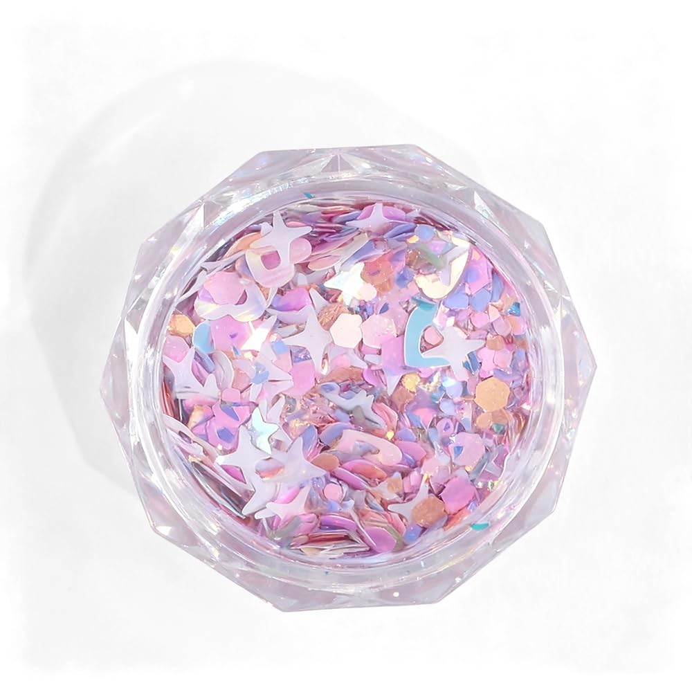 2 Boxes Colorful Heart Star Glitter for Nails Aurora Pink Nail Glitter Flakes…