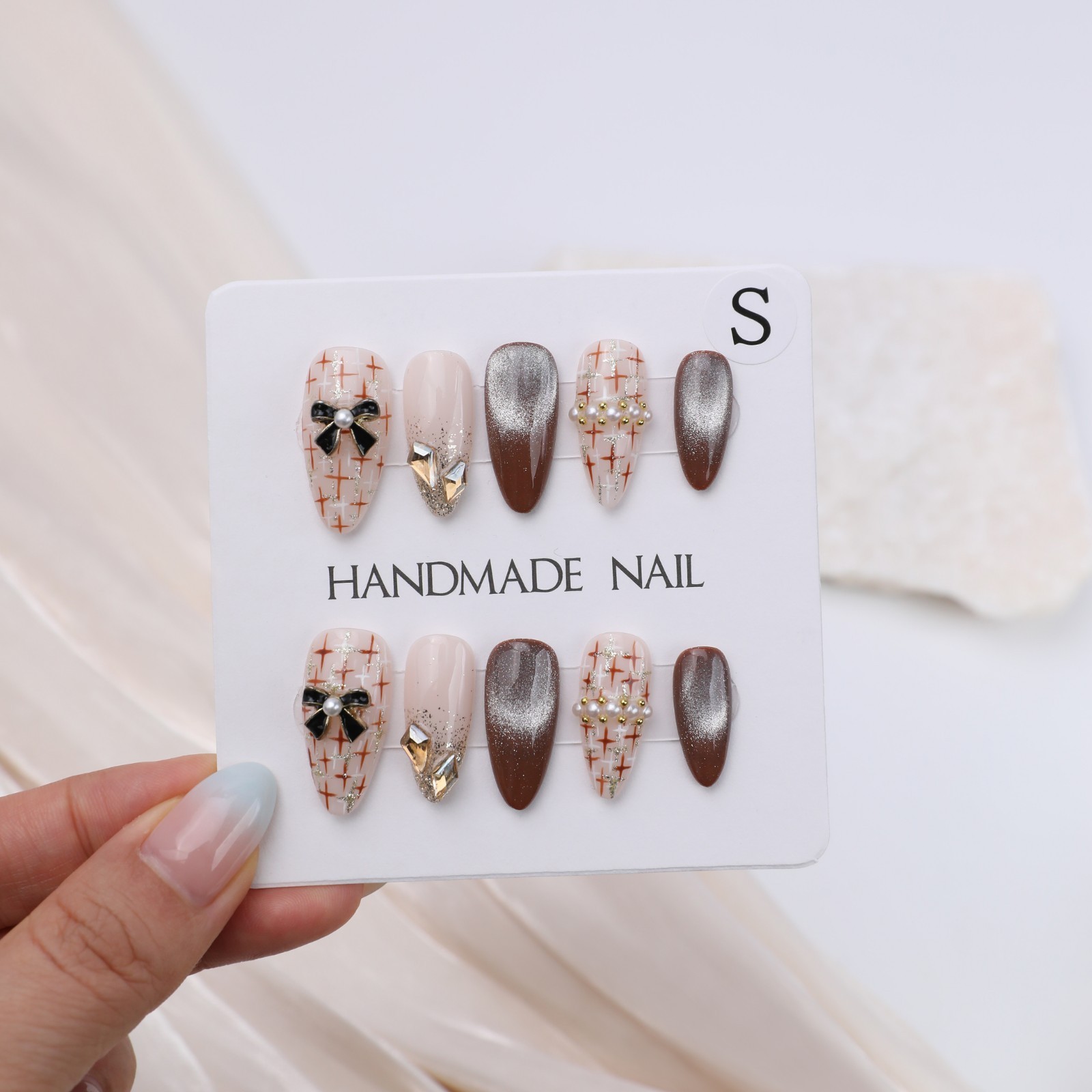 Medium Almond Press On Nails Nude Brown Plaid Bow Pearl Glitter Party Nail Set