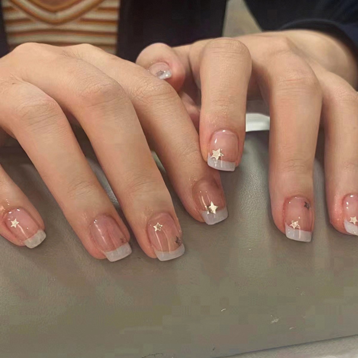 48Pcs-Short Square Milky White French Gold Star Silver Tiny Star Press on Nails