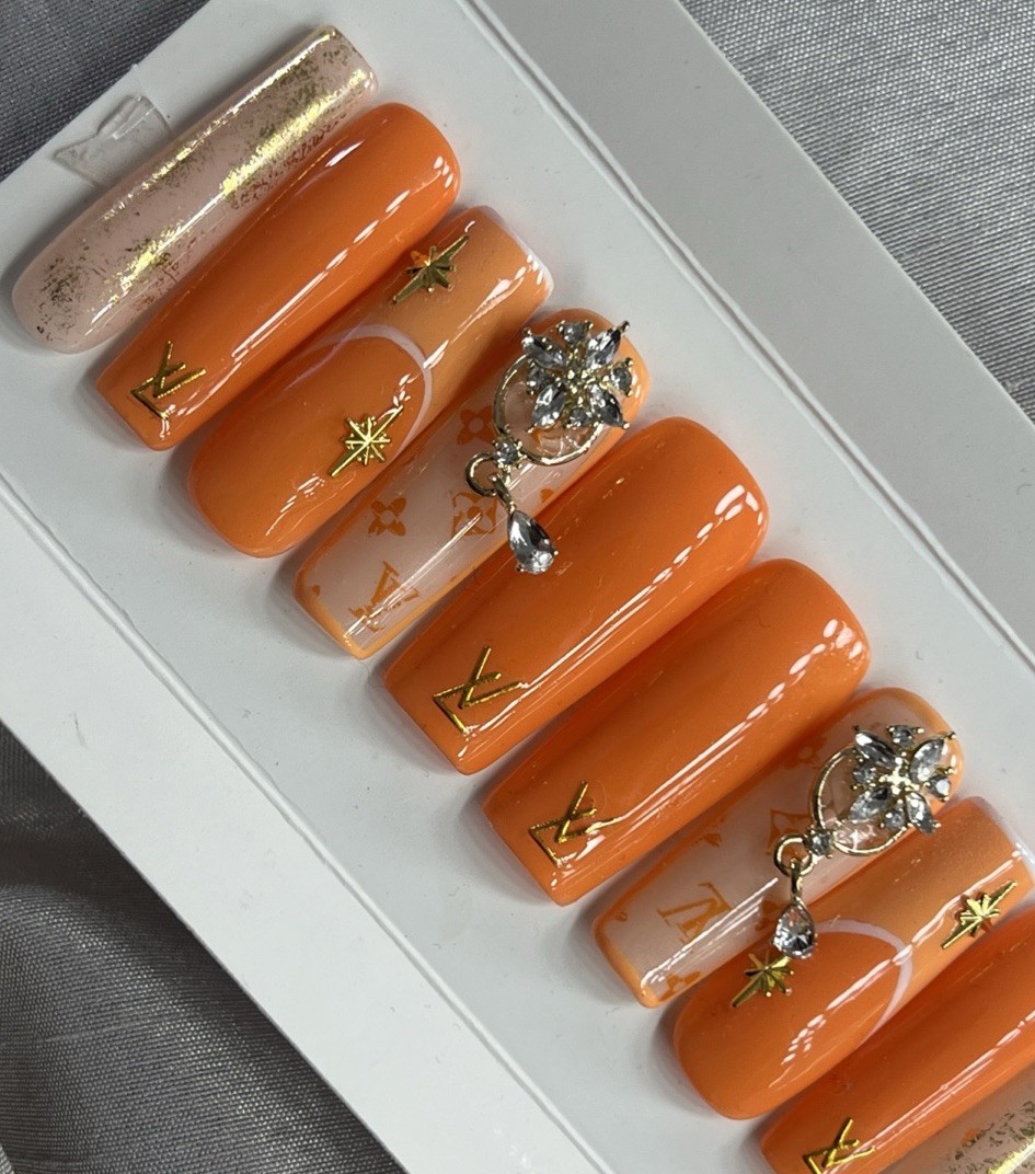 💎 CUSTOM Hard Gel Press On Nails, Orange NUDE , 10p FULL SET W Kit LONG SQUARE