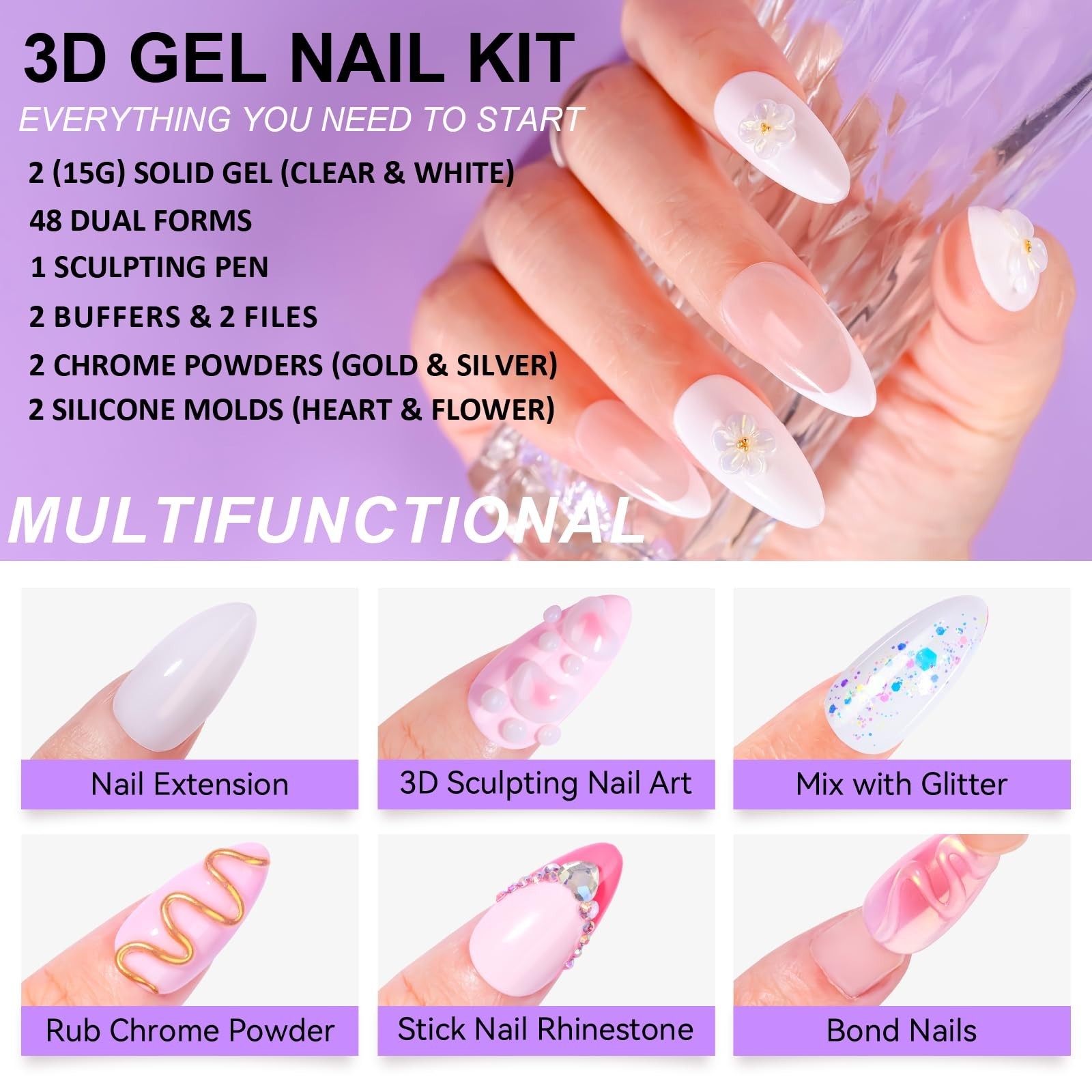 3D Gel Nail Art Starter Kit – Clear & White Sculpting Gel, Non-Sticky Builder, D