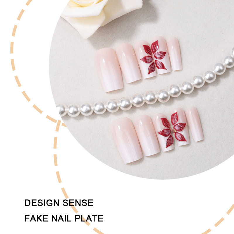 48P-Milky White Pink Floral Press on Nails Square Nail Art Set Reusable Handmade