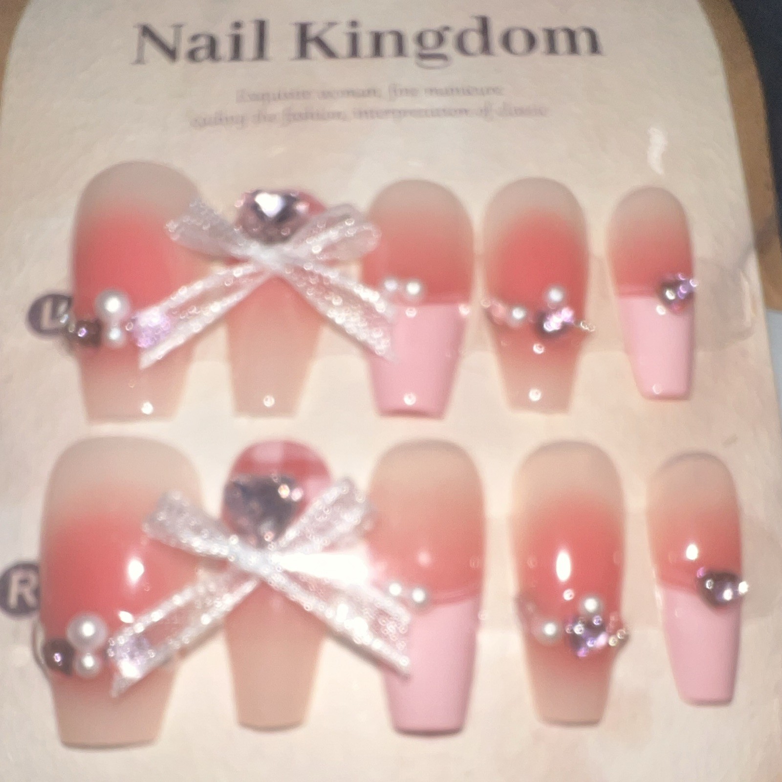 Nail Kingdom Long Coffin Press-On Nails Full Cover Pre-Designed 3D Shiny Bow