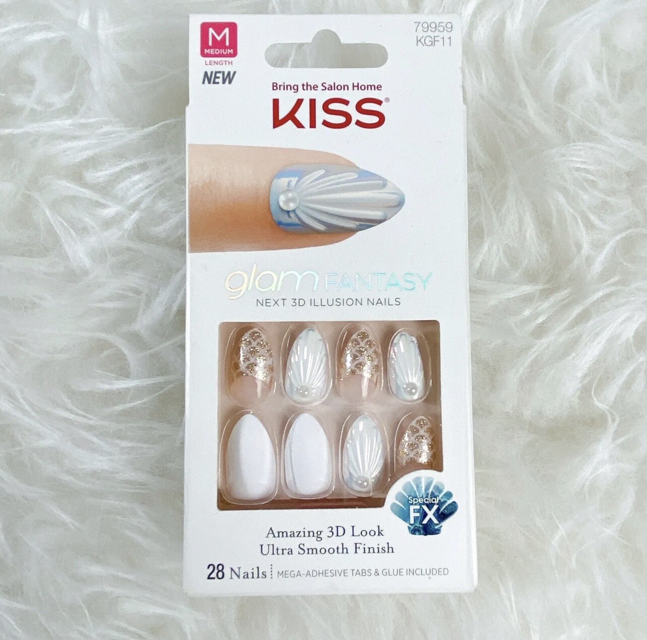 Kiss Press On Nails Glam Fantasy Almond Medium 3D Seashell Mermaid Beach