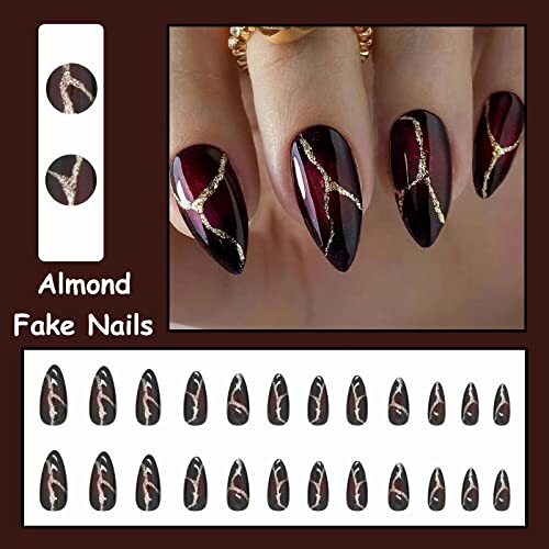 Medium Stiletto Press on Nails Almond Fake Nails Glossy Glue on 00502Black&Red