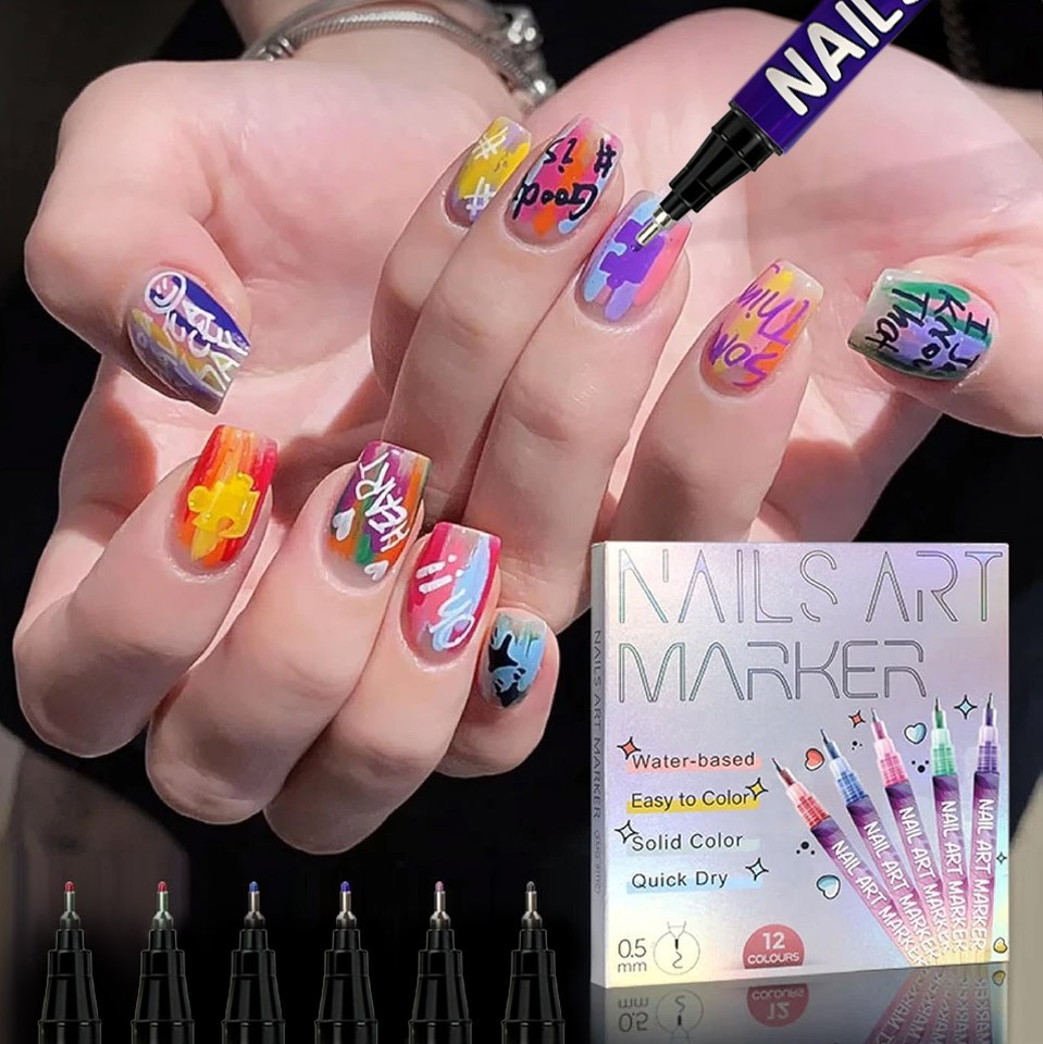 12 Colors Nail Art Pens Set 3D Nail Polish Pens Graffiti Dotting Pen Acrylic Pai