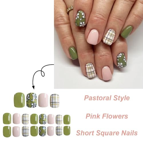 Short Press on Nails Green Square Fake 1 Fl Oz (Pack of 1) Square Flower-31