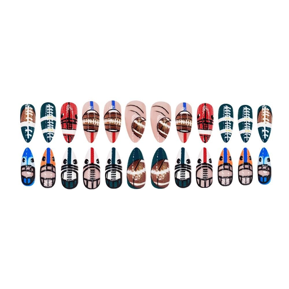Football Press on Nails Medium Almond Fake Nails Acrylic Cute Football Helmet…