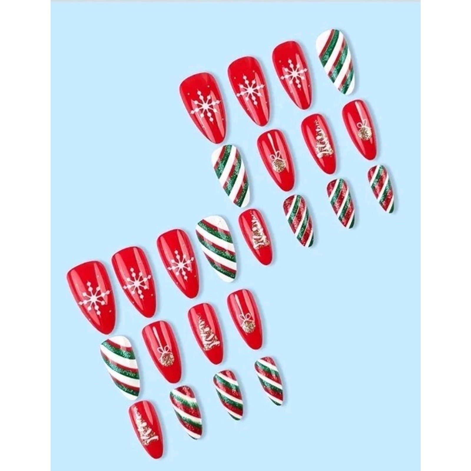 SINSEN Christmas Press on Nails Medium – Almond Christmas Fake Nails, Red Green