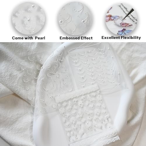 White Lace French Line Nail Art Stickers Pearl Rhinestones White Beige