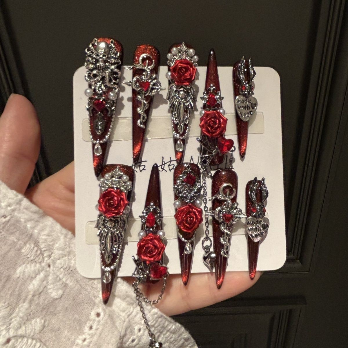 Handmade Gothic Rose Dark Nails Removable Press On Nails