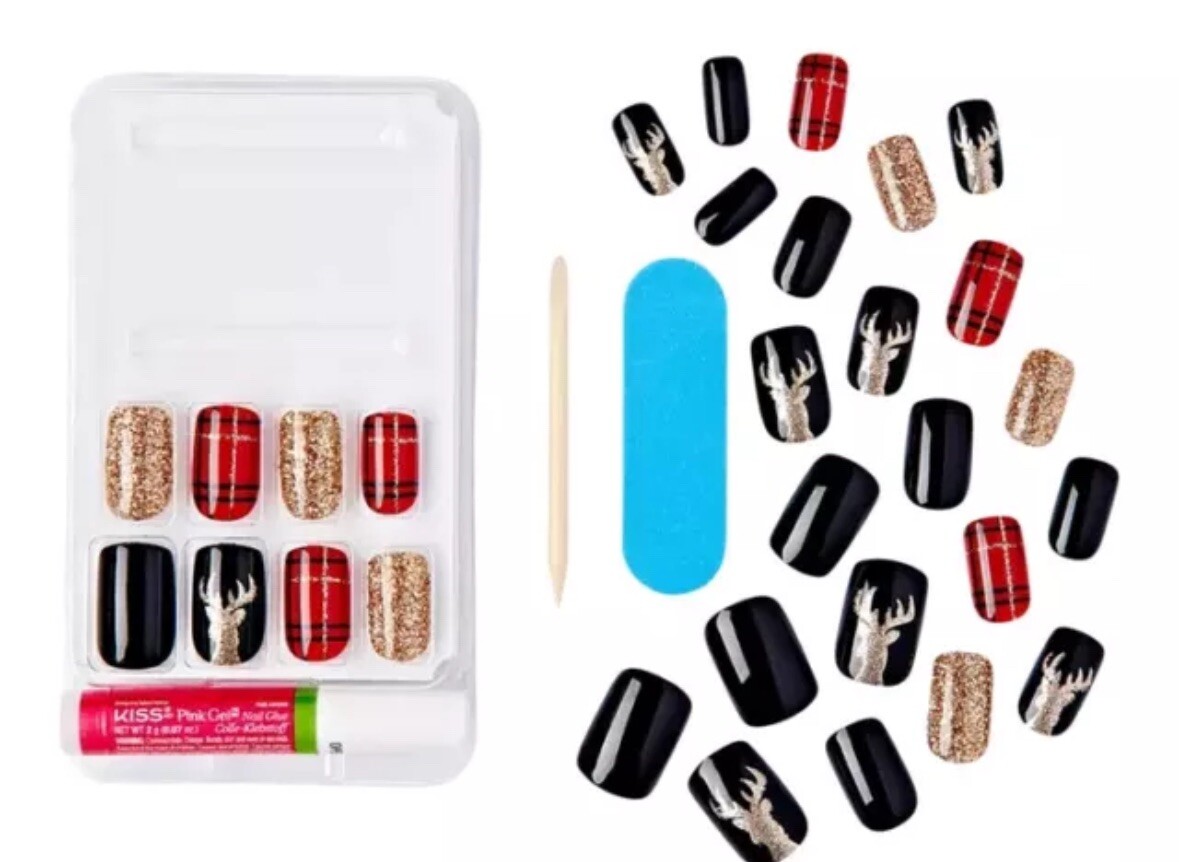 KISS VOGUISH Fantasy Medium Length Glue-On Plaid Glitter Holiday Nails New x1