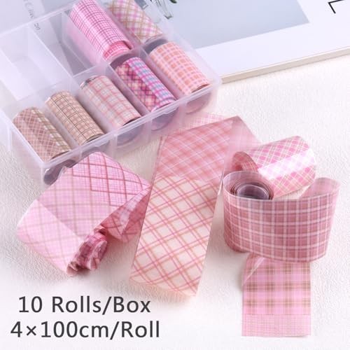 10 Rolls Plaid Nail Art Transfer Foil Checkered Designs Holographic Pink Plaid