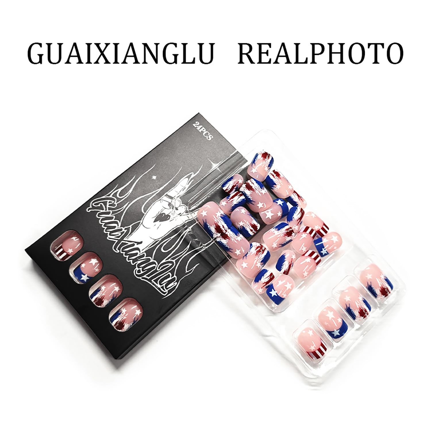 4th of July Press on Nails Short Square, French Tip Fake Nails Red White Blue…