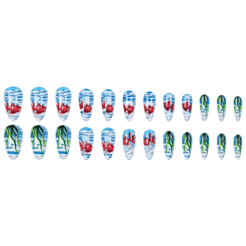 48 Pcs Goldfish Wave Oval Press on Nails, Dreamy Ocean Style Summer Fake Nails
