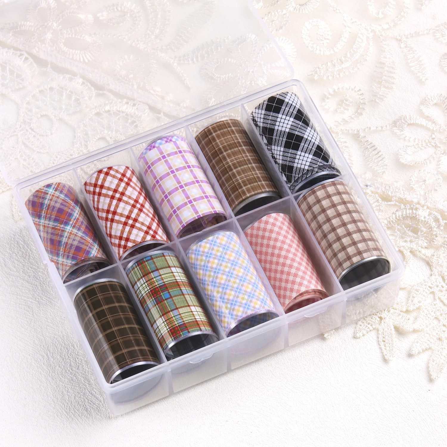 10 Rolls Plaid Nail Art Foil Transfer Sticker Decals Colorful Red Plaid