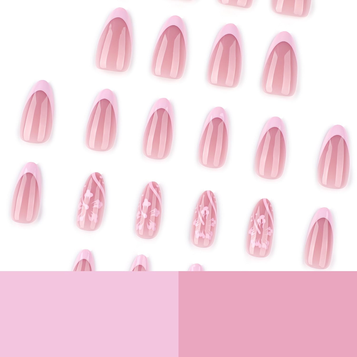 Summer French Tip Press On Nails Flower Design Almond Medium Glossy Fake Nails