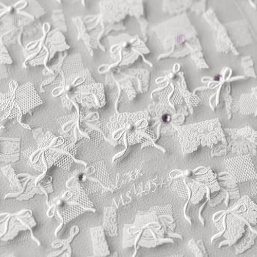 White Lace Nail Stickers – 5D Embossed Pearl Lace Nail Art Decals, Self