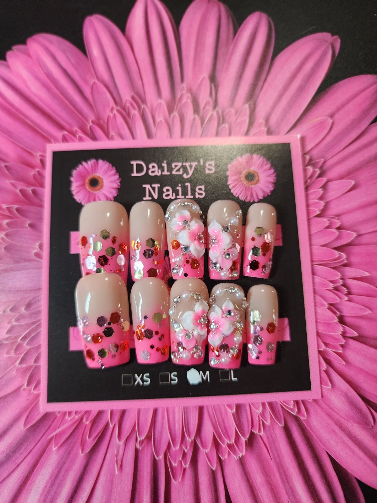 Medium Size Pink Chunky Glitter 3D Floral Nail Set Handmade Square 2.5 Cm Length