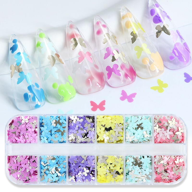 12 Grids Nail Sequins Flakes Art 3D Decoration Butterfly Accessories Glitter Set