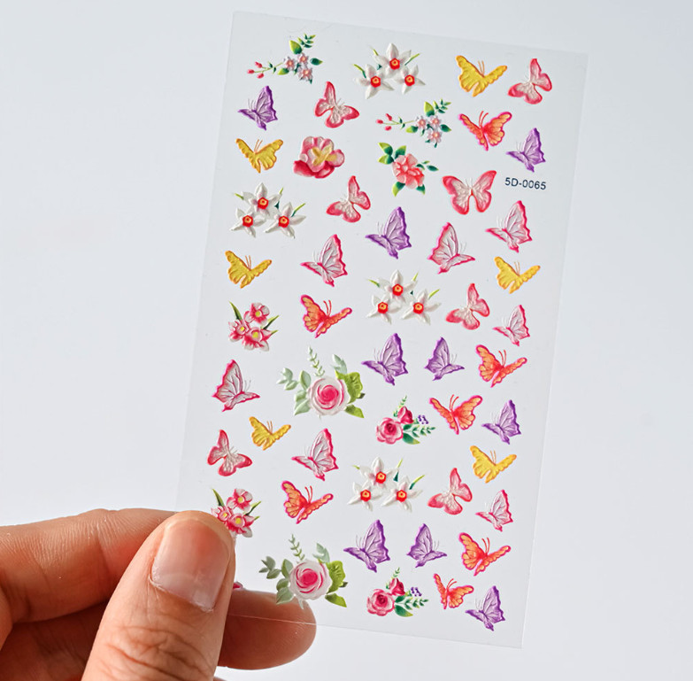 5D Embossed Nail Art Stickers Colorful Butterfly Flower Self Decal Decor NH26