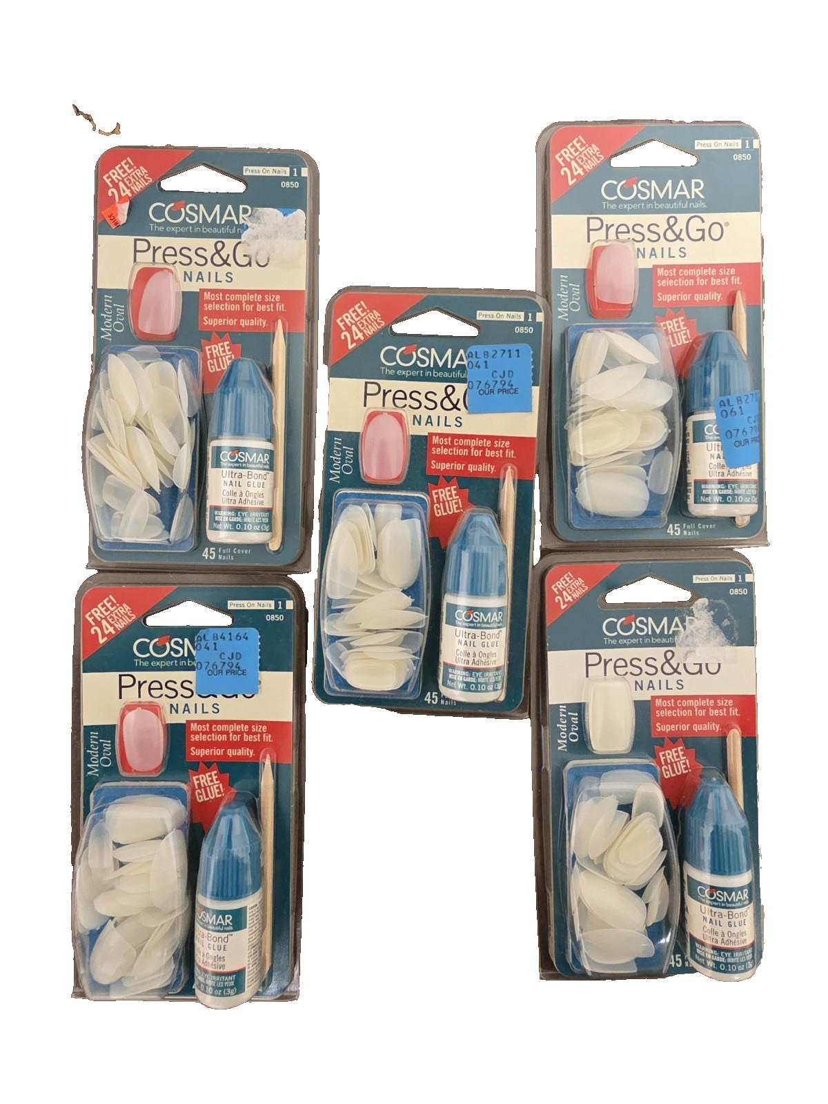 LOT of 5 NEW 45 Nails Each COSMAR Press & Go Modern Oval Nails 0850 w/ Glue