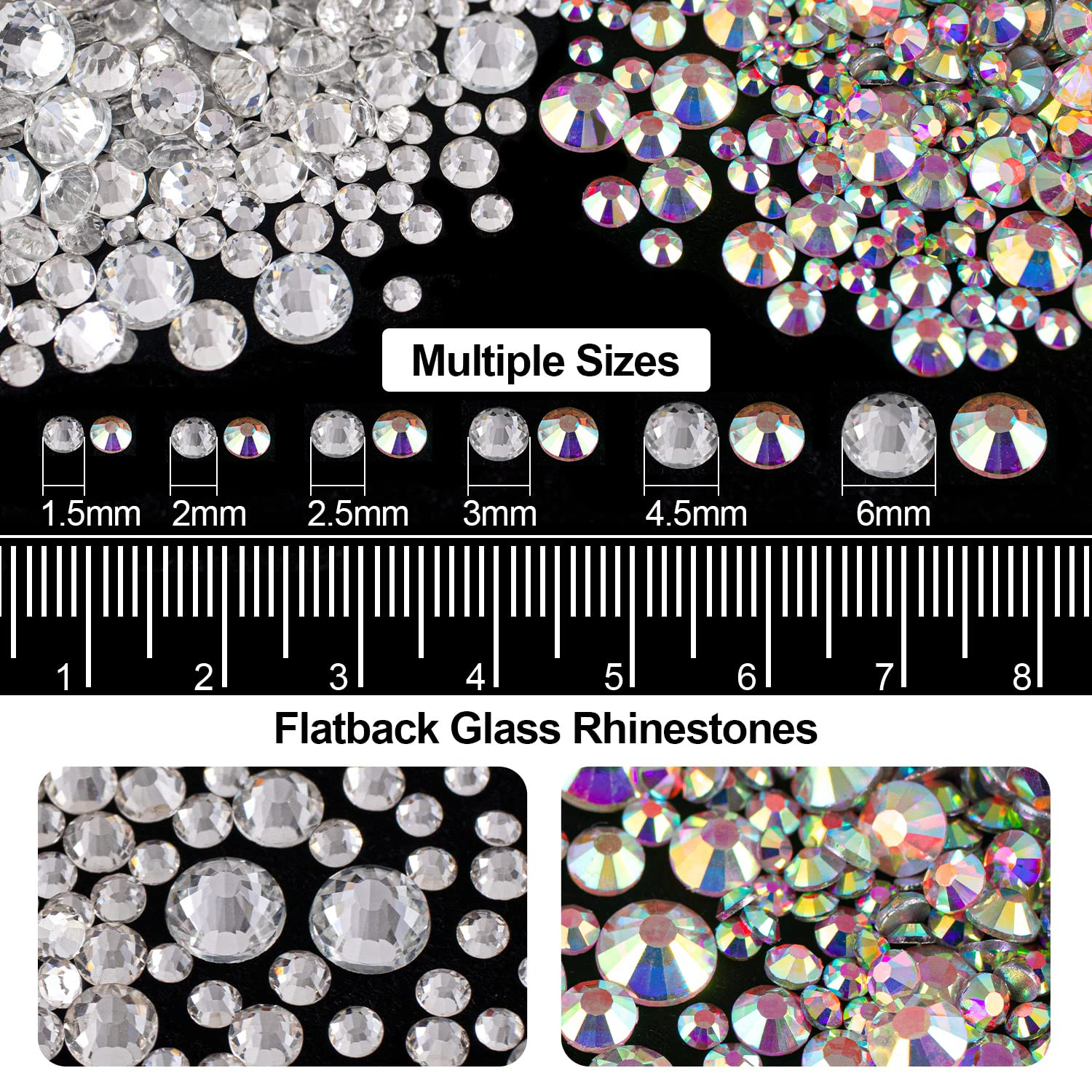Colorful Face Gems Kit – Ab+Clear Glass Crystals + Resin Rhinestones for Makeup