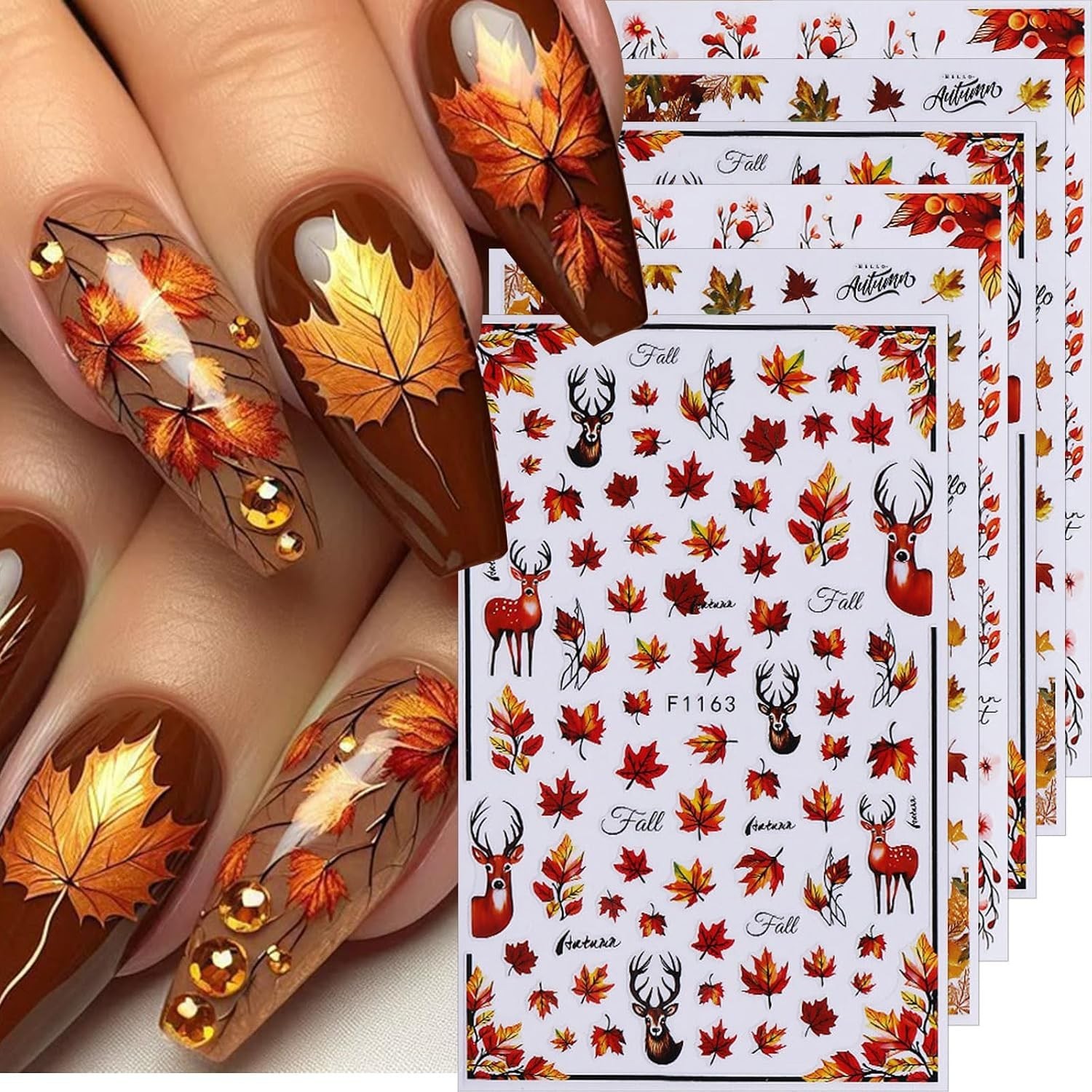 Fall Nail Stickers Maple Leaf Nail Decals 6PCS 3D Self-Adhesive Leaves Deer N…