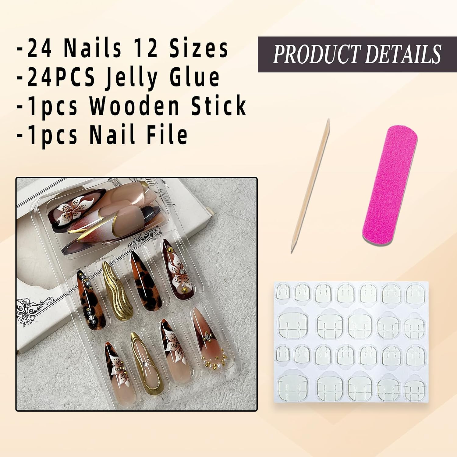 Brown Press on Nails Long Almond Fake Nails with Rhinestones Designs 3D Gold Tex