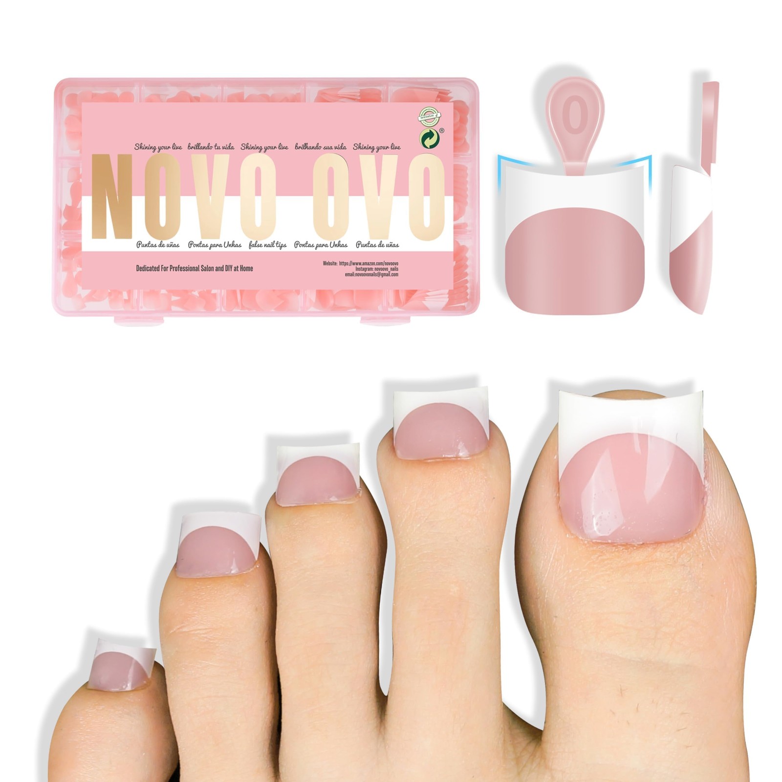 Short Toe Nail Tips White French Tip Press on with Moon Curve, BABY PINK Thic…