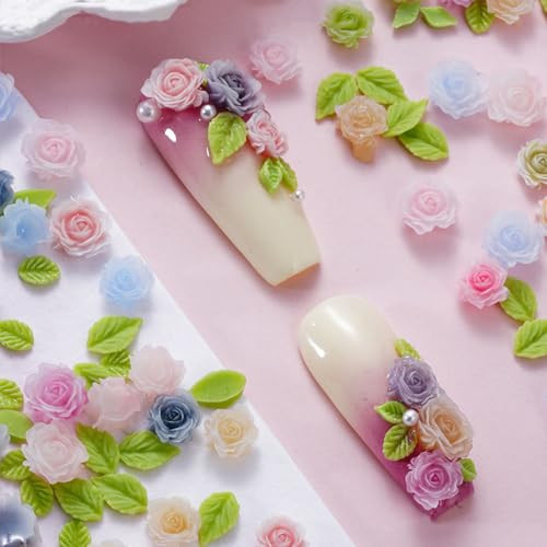 100pcs 3D Camellias Rose Flower Nail Art Charms with Nail Pearls Cute Leaves