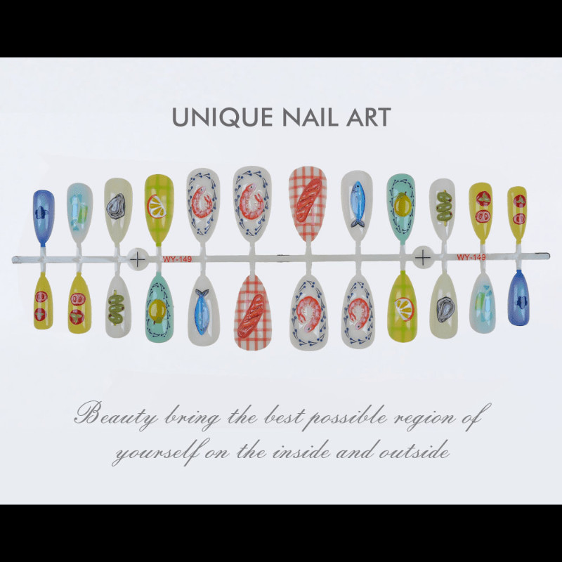 48 Pcs Cartoon Food Almond Press on Nails, Lovely Summer Vacation Fake Nails