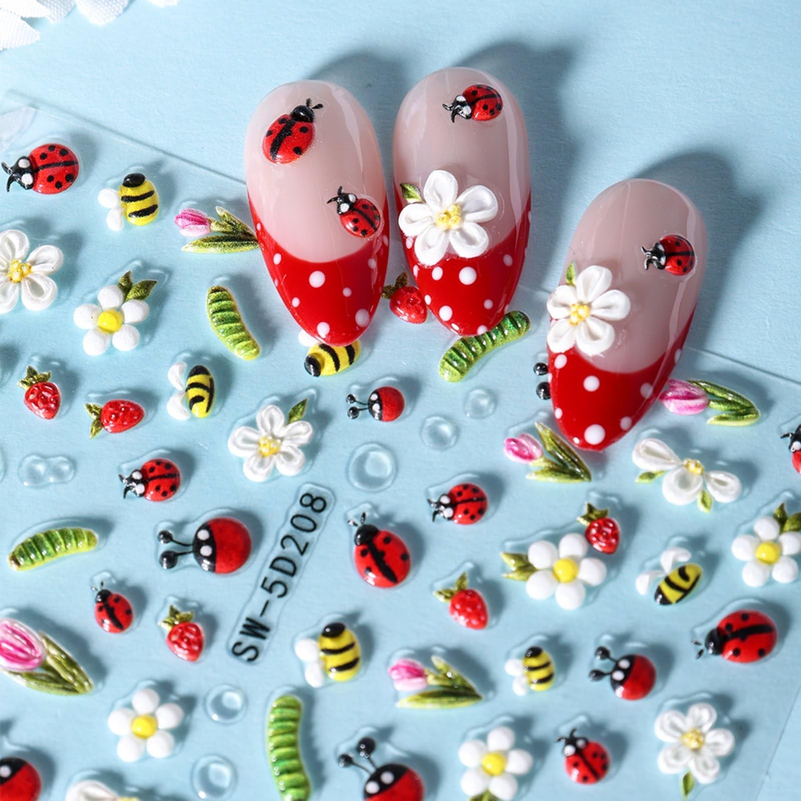 Spring Nail Art Stickers 5D Embossed Flower Nail Deals Bee Floral Ladybug Str…