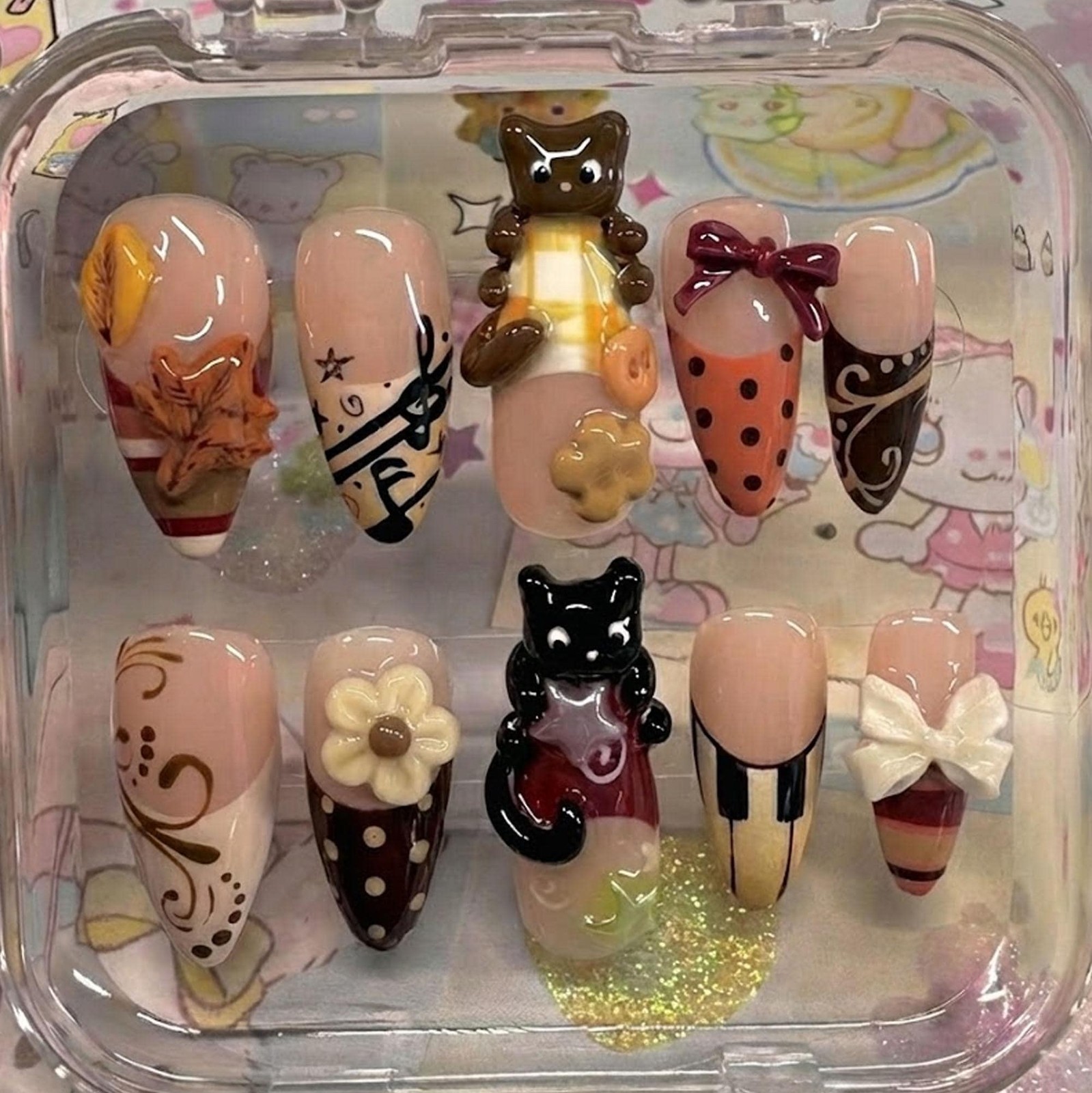 Custom Handmade 3D Cat Music Note Piano Bow Flower Stiletto Press on Nails