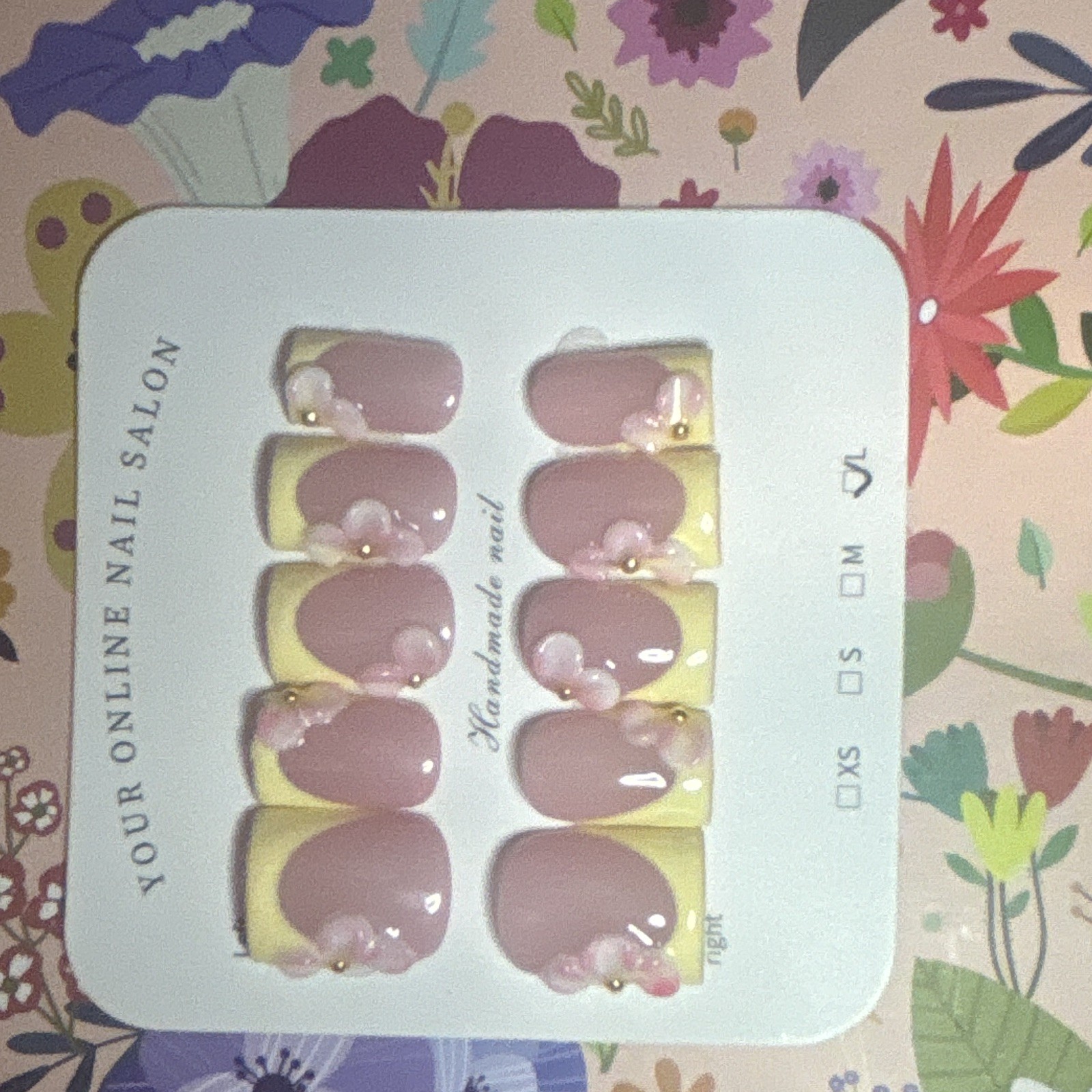 YLE16 Acrylic Press-On Nails Pink/Yellow 3D Flower Full Cover Square Long