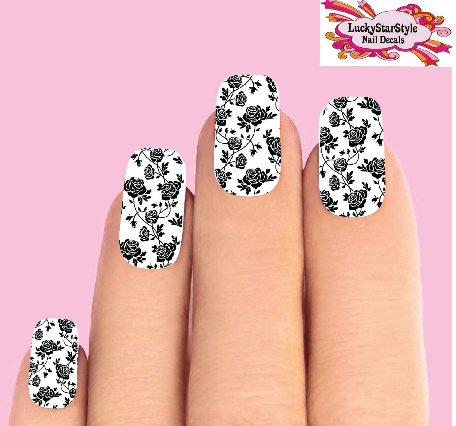 Waterslide Full Nail Decal Set of 10 – Black & Clear Roses