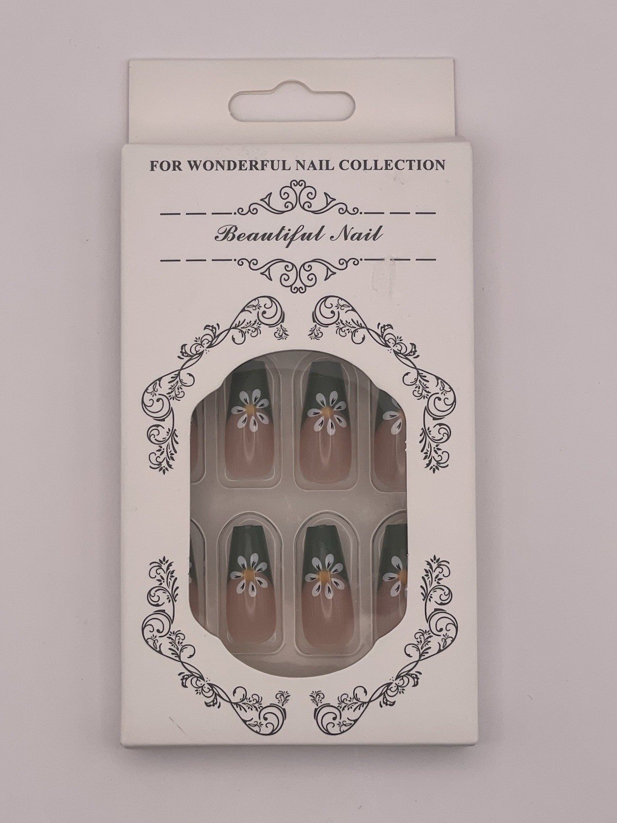 Beautiful Nail Finger Nail Set – Pink And Green With White Flowers