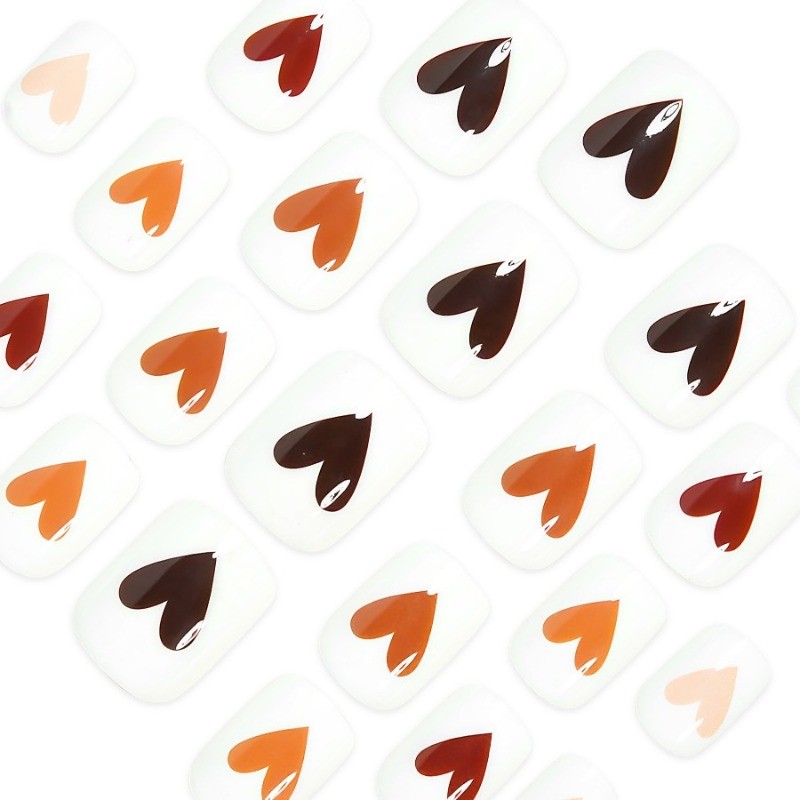 48PCS Short Square White Brown Heart Gradient Reusable Fake Nail Art