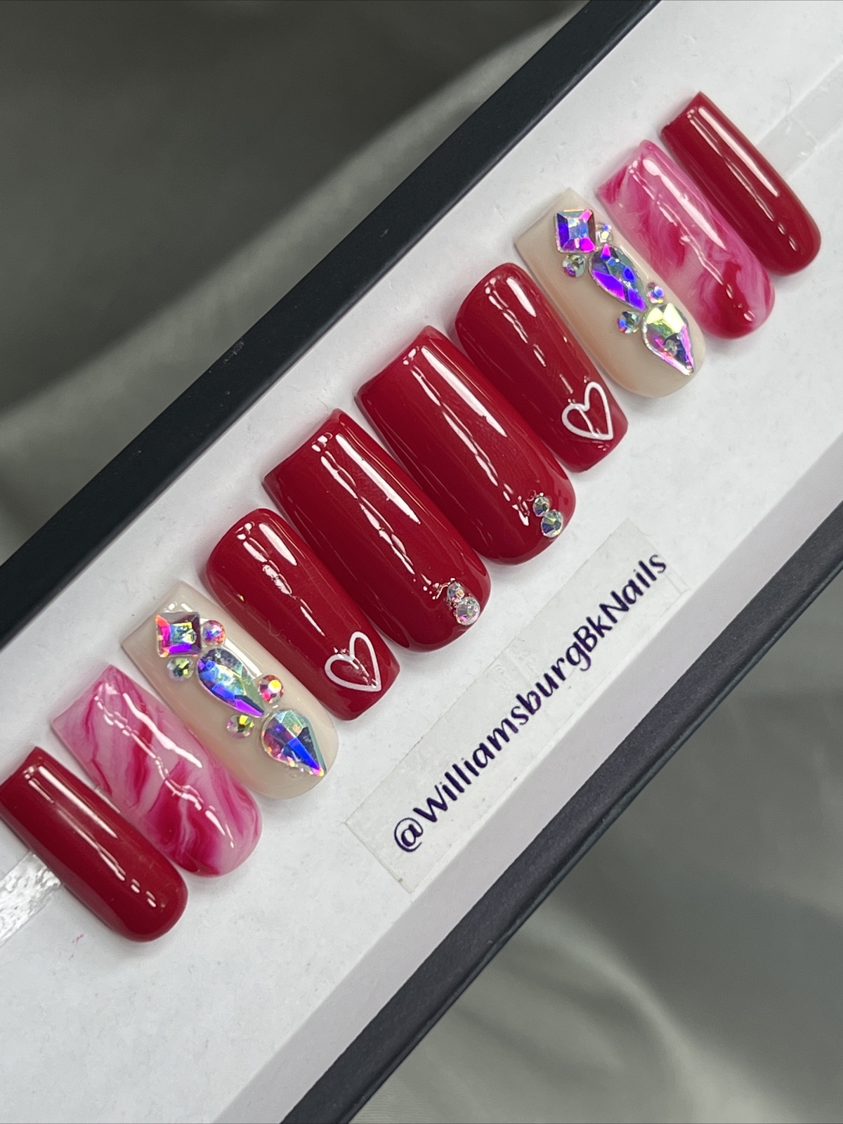 🔥 CUSTOM Gel Press On Nails, RED HEART W BLING 10p FULL SET W Kit
