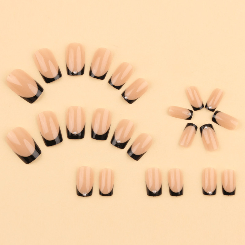 48pcs Short Square Press on Nails, Black French Pearl Nude Gloss Casual Nails
