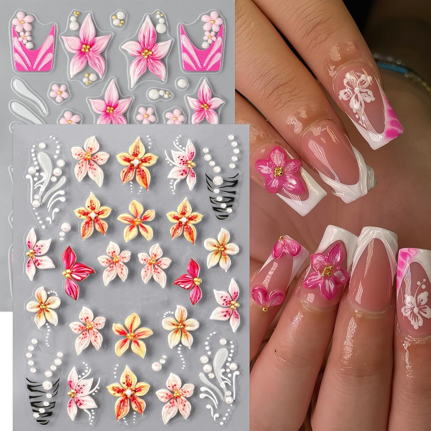 3Sheets Flower Nail Art Stickers Decals 5D Embossed Hibiscus Nail Stickers Lily