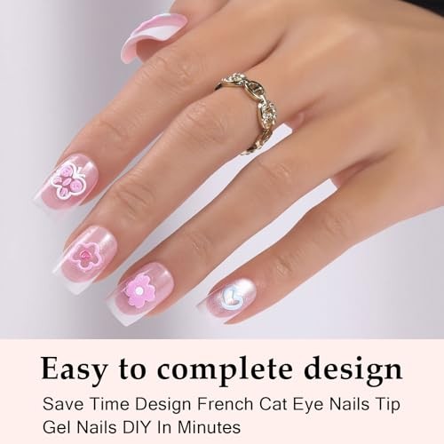 Cat Eye Press On Nails,160Pcs Pink Glitter Short Almond French Pink Eye Cat