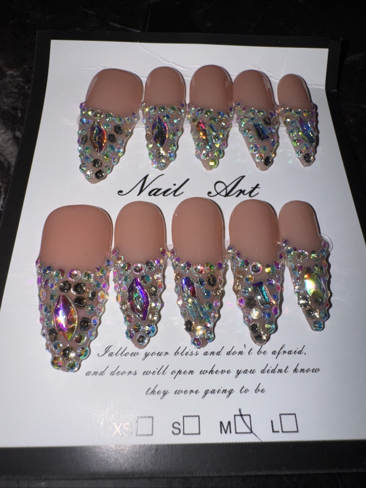Handmade Press On Nails Medium Long Almond Glam Rhinestone Reusable Full Kit