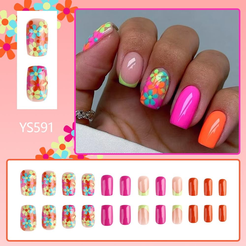 Uñas Postizas decoradas Acrílicas Falsas 24pack Colores French Flowers