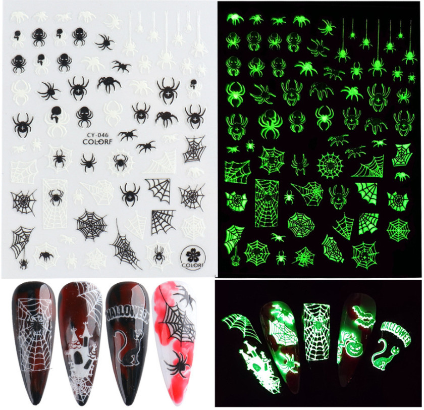 6Pc Adhesive Luminous Nail Art Halloween Skull Ghost Pumpkin Spider Web Bat NS43