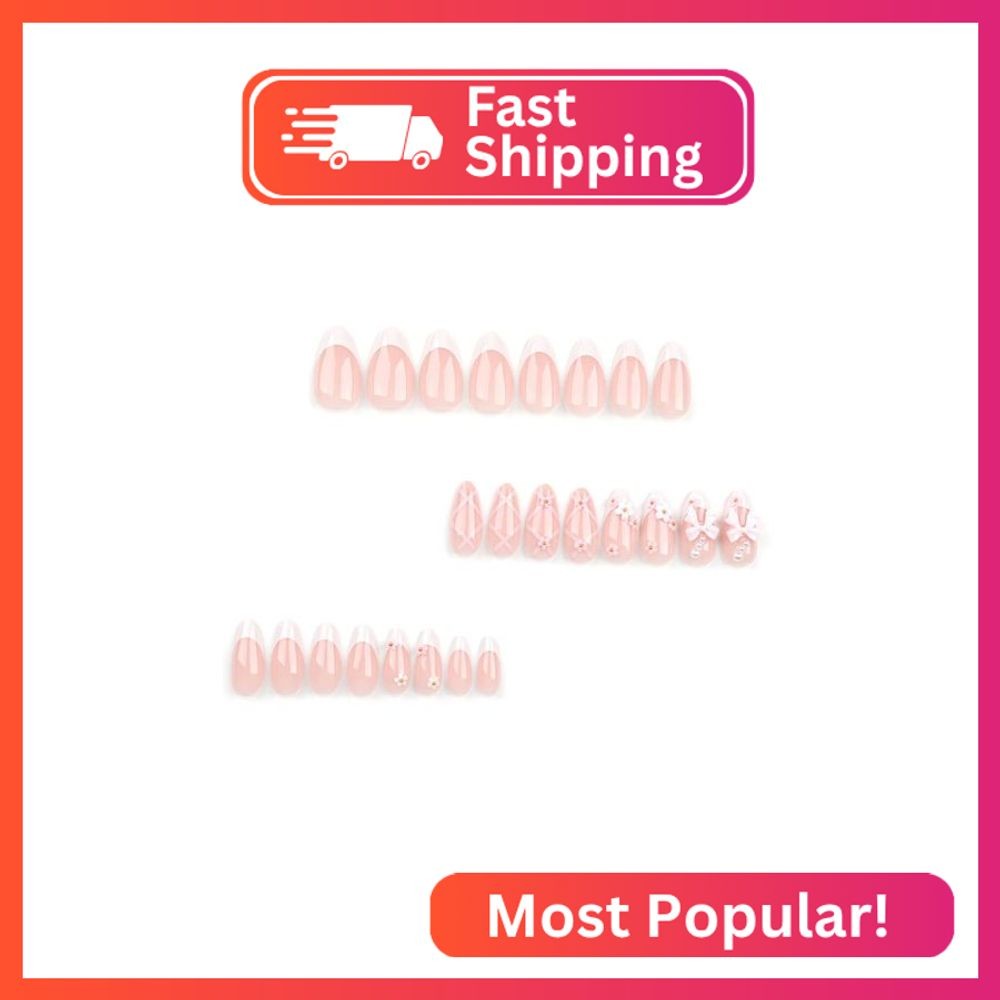 BAOYAALIN Press on Nails Almond Shaped Medium French White Fake Nails with 3D Fl