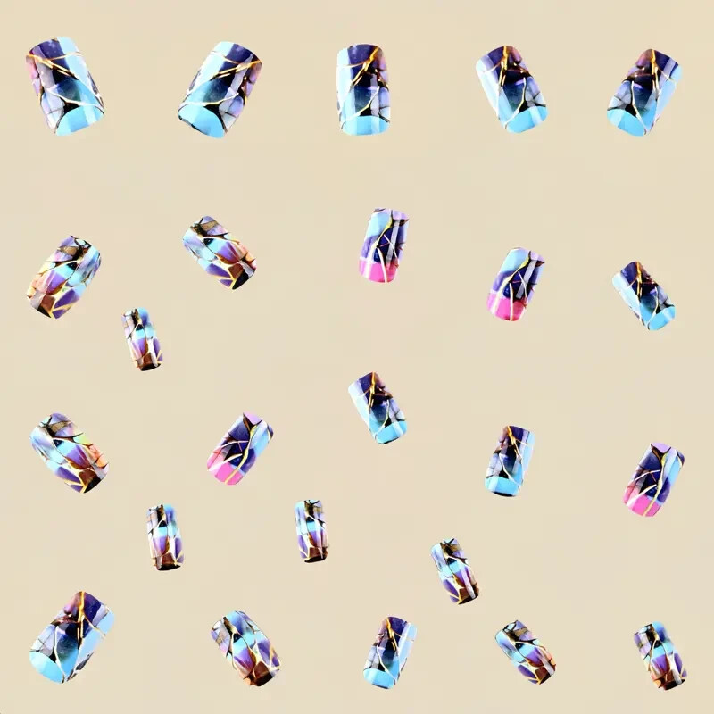 Autumn and Winter Medium-Long False Nail Stickers Sky Blue Glaze Color Shattered
